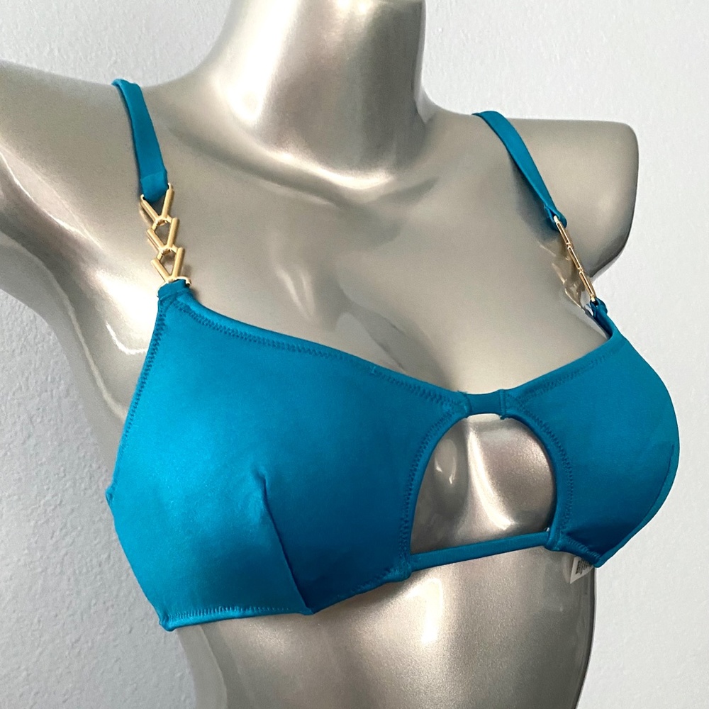 Victorias Secret Bikini Top Shoreline Blue Gold V Open Cut Out Sexy Swim - Picture 2 of 3